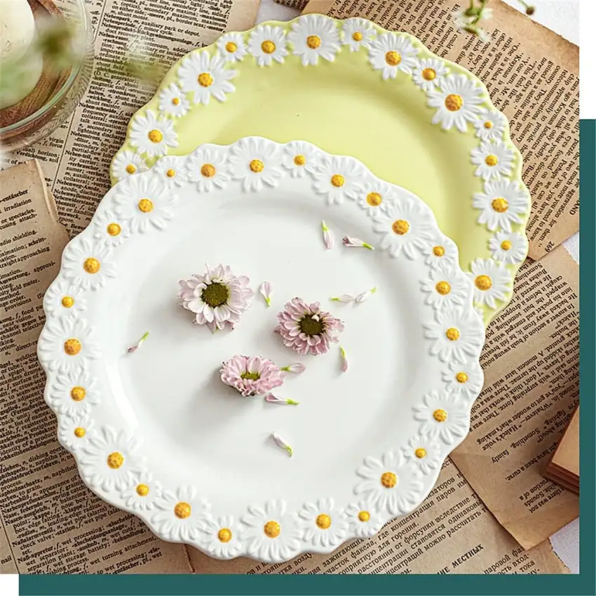 GJRFYJ Kuchenteller aus Keramik, 15,2 cm, Teller, Geschirr, Haushalt, zart, geprägt, Gänseblümchen, Obst, Dessert, Dessert, kleiner Teller, Geschirr (Color : B, Size : 16cm)