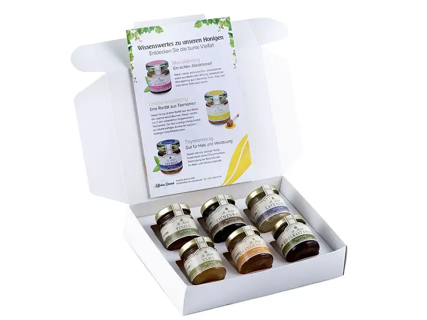 Honig Geschenk-Set "Seltene Kostbarkeiten" - 6 markante Honige - Orangenblüten-Honig, Lavendel-Honig, Edelkastanien-Honig, Eichenwald-Honig, Ulmo-Honig, Pinien-Honig (6 x 50g)