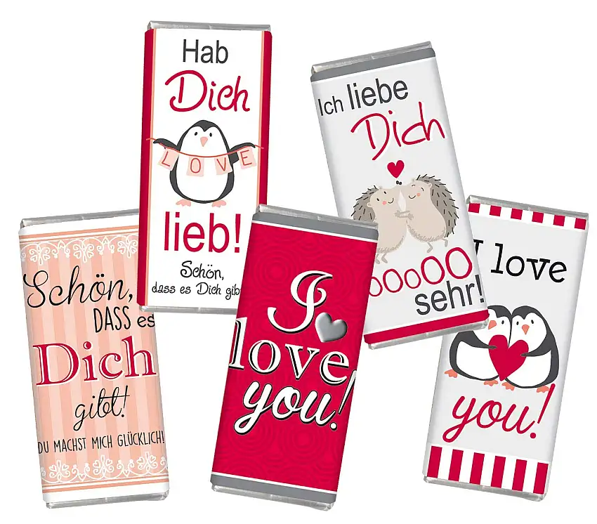 5 mal Mini Schokolade Valentinstag LIEBE STEINBECK Vollmilch Schokolade Tafel 5er Set Geschenk süß Mitgebsel Herzen i love you Frauen Männer Schatz rot