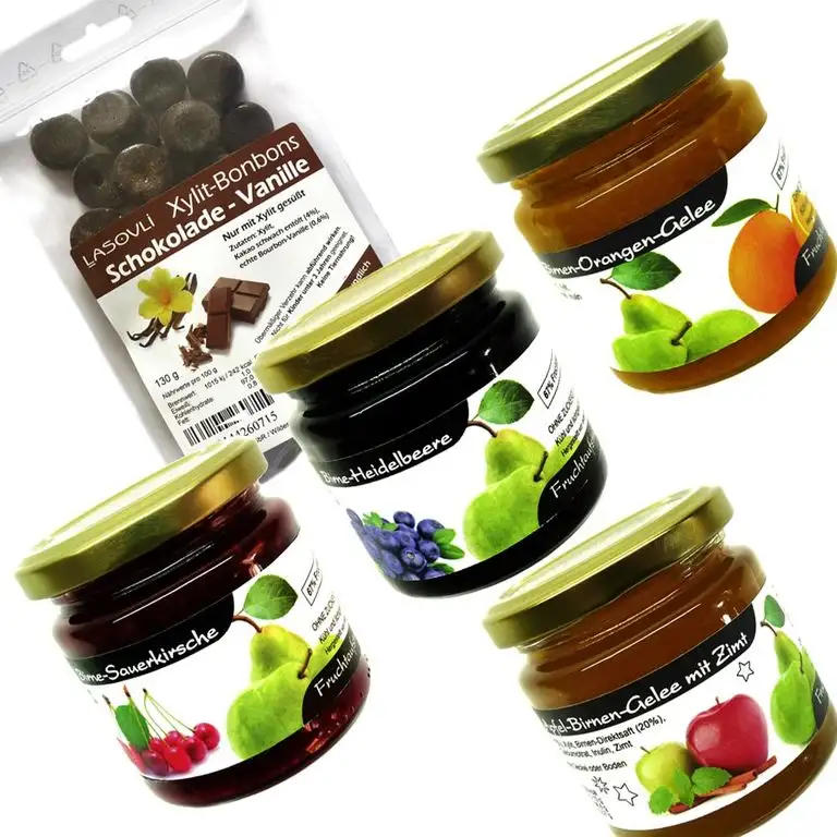 Xylit Fruchtaufstriche im Bonus-Set Nr. 3 "Birnenvariationen" (4 Gläser), 1 Beutel Xylit-Bonbons Schokolade im Wert von 4,99 Euro gratis