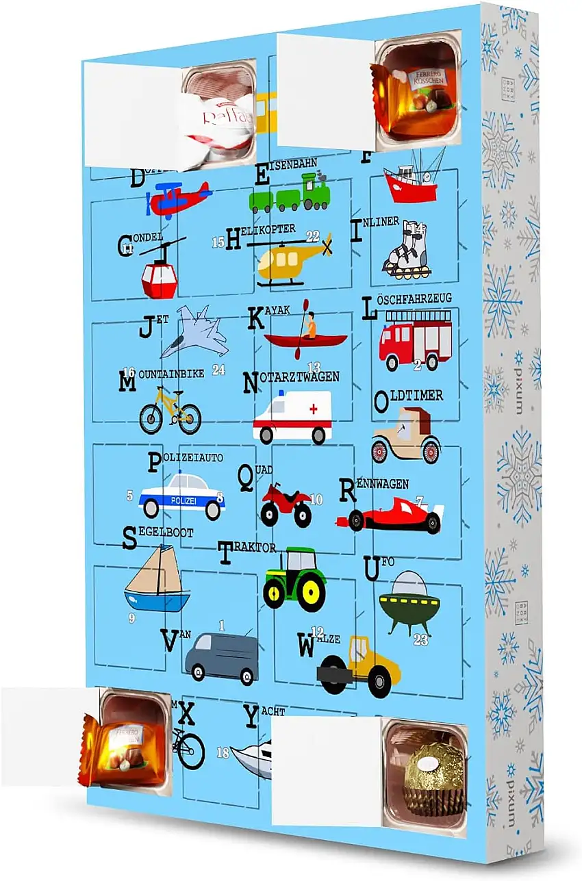 artboxONE Adventskalender mit Pralinen von Ferrero ABC Alphabet - Verkehrsmittel Adventskalender Typografie