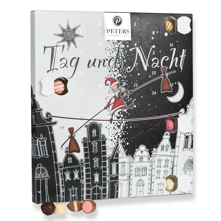 Peters Tag & Nacht Adentskalender, 1er Pack (1 x 275 g) Stylischer Kalender für doppelten Genuss