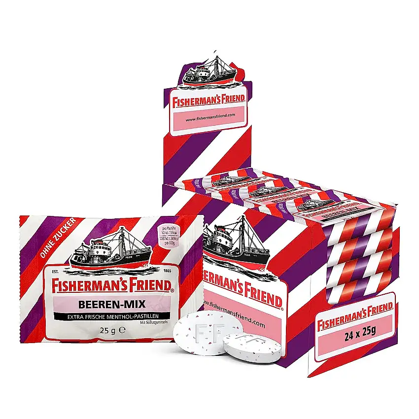 Fisherman’s Friend Beeren Mix, 24er Vorratsbox, Exklusive Sorte:Wild-fruchtige Beerenmischung, zuckerfrei, für frischen Atem, 24 x 25g