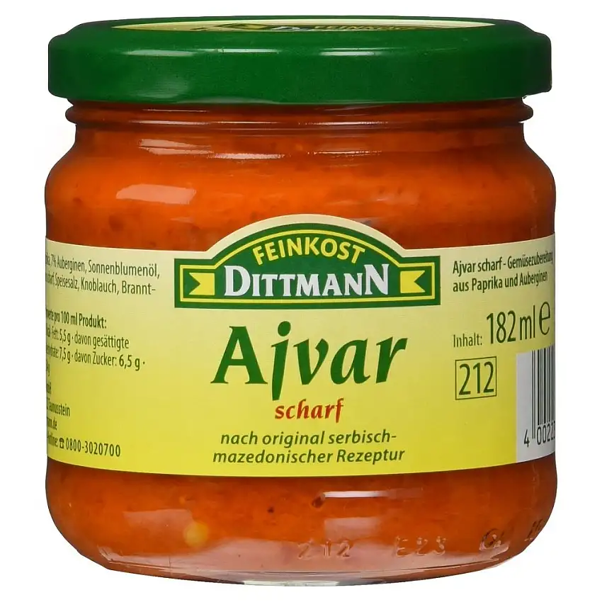 Dittmann Ajvar scharf, Gemüsezubereitung aus Paprika und Auberginen nach original serbisch-mazedonischer Rezeptur, 6er Pack (6 x 182 ml)