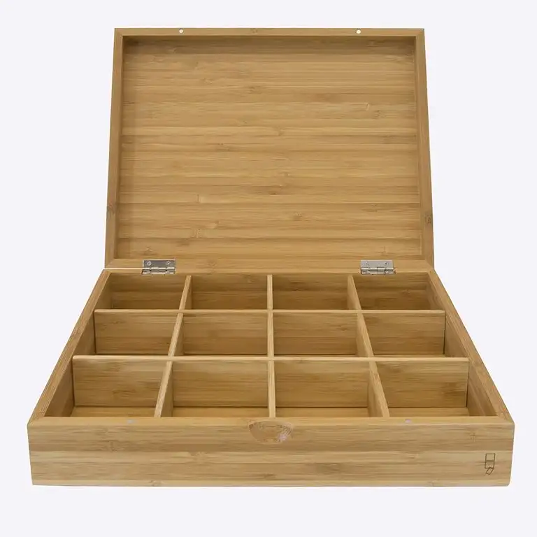 Point-Virgule Teebox aus Bambus Holz mit 12 Fächern für Aufbewahrung Küche, Teebeutel aufbewahrungsbox, 28x23x6.8cm
