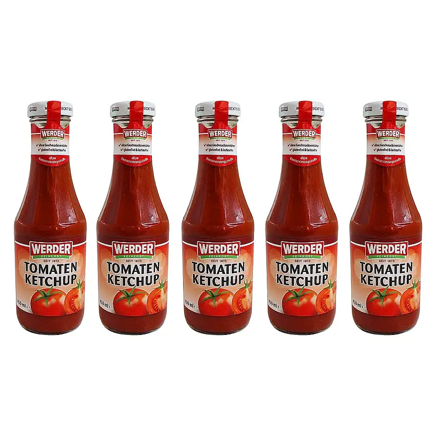 5 Flaschen Werder Tomaten Ketchup à 450 ml ohne Konservierungsstoffe, glutenfrei und lactosefrei Tomatenketchup Tomatensoße