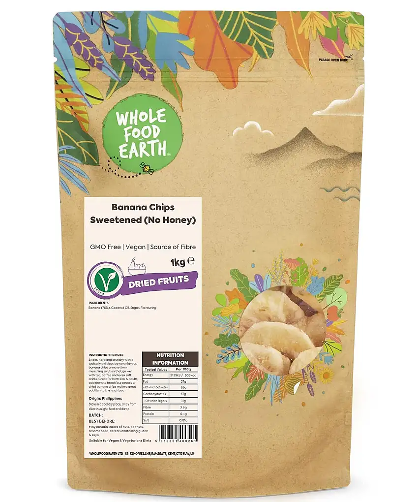 Wholefood Earth Banana Chips Sweetened (No Honey) 1 kg | GMO Free | Source of Fibre