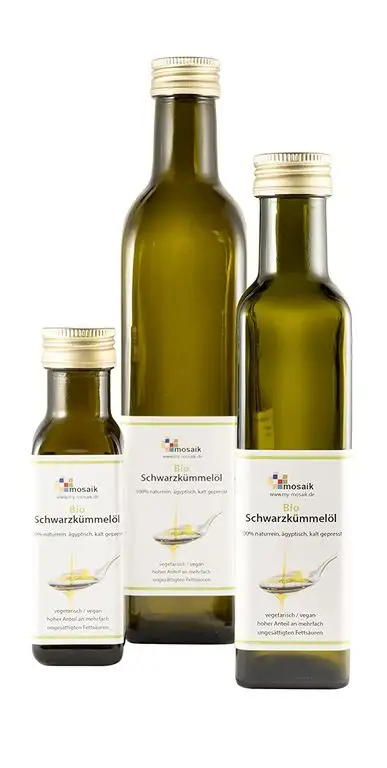 my-mosaik Bio Schwarzkümmelöl 100% naturrein 100ml, kaltgepresst, ägyptisch reich an mehrfach ungesättigten Fettsäuren für die gesunde Küche oder zur Hautpflege einsetzbar