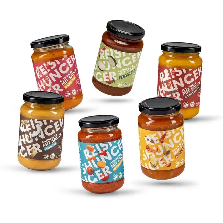 Reishunger BIO Fertigsauce 6er Probierset (4 x 325 ml, 2 x 320 ml) - 6 leckere Sorten: Erdnuss, Chana Dal, Süß Sauer, Kokos Curry, Tomate Kräuter und Veggie Bolognese - Fertigsaucen ideal zu Reis