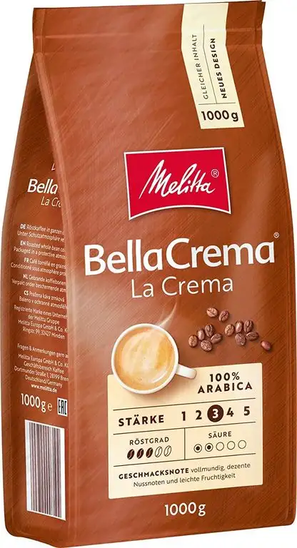 Melitta Ganze Kaffeebohnen, 100% Arabica, vollmundig und ausgewogen, Stärke 3, BellaCrema LaCrema, 1kg