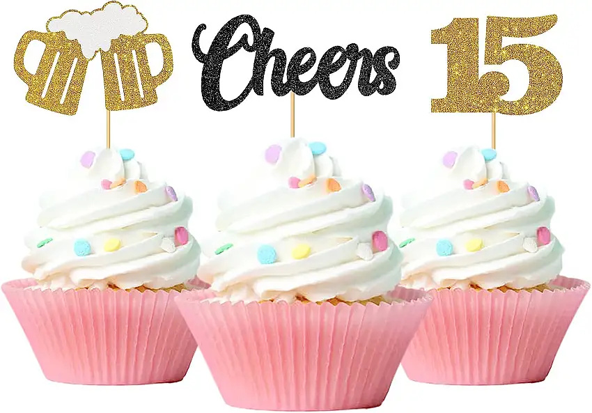 Cupcake-Topper zum 15. Geburtstag, Motiv: "Cheers to 15", für Teenager zum 15. Geburtstag, Party-Zubehör, Gold und Schwarz, glitzernd, 24 Stück