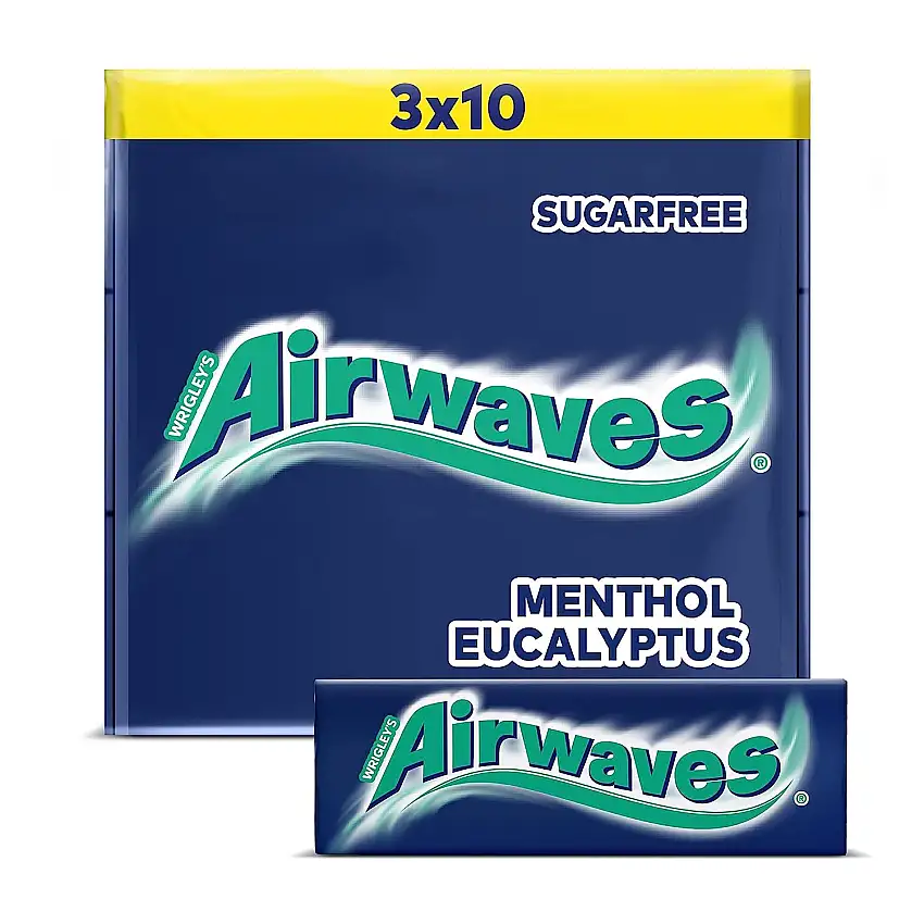 Airwaves Kaugummi | Menthol & Eucalyptus | Blau, zuckerfrei | 20 x 3 Packungen (20 x 3 x 10 Dragees) (Verpackung kann varrieren)