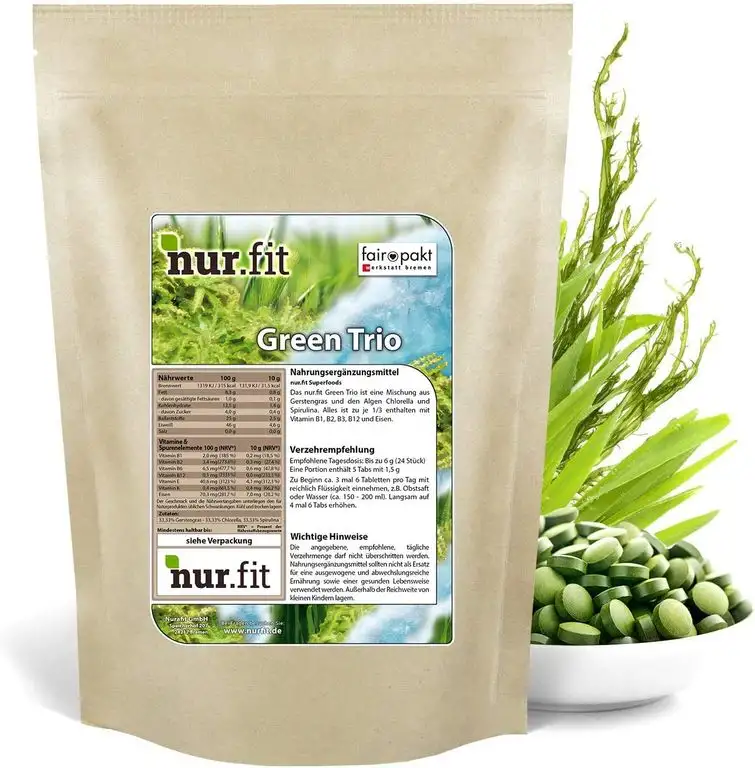 nur.fit by Nurafit Green Trio Tabletten 500g / 2000 Stück – rein natürliche Presslinge aus Gerstengras, Chlorella und Spirulina – hochdosierte Greens Tabs in Rohkostqualität – vegan Superfood