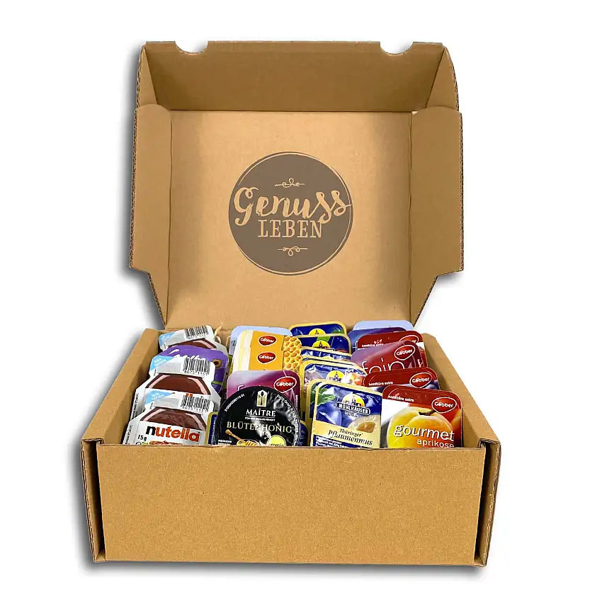 Genussleben Frühstücksbox mit ca. 900g Konfitüre, Honig, Zuckerrübensirup, Haselnusscreme und Pflaumenmus, Aufstrich Mix in der Großpackung