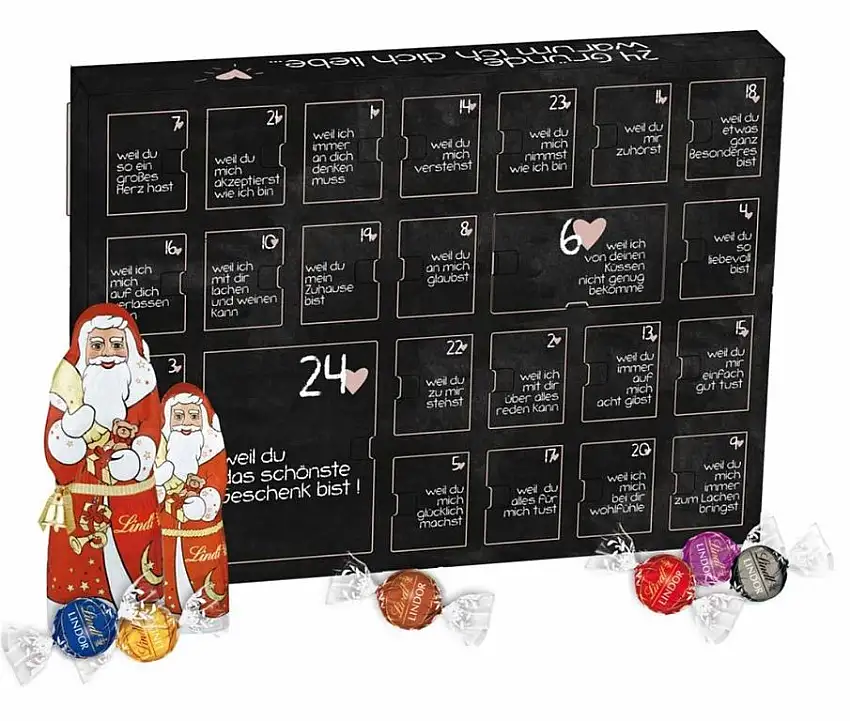 Love Edition! 24 Liebesbotschaften Adventskalender „Christmas Love Messages“ im Querformat gefüllt mit Lindt Schokoladenspezialitäten