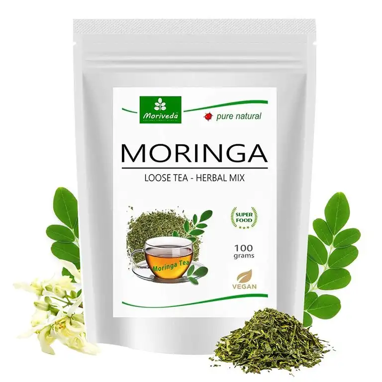 MoriVeda® Moringa Oleifera Tee – 100g geschnittene Blattmasse, Herbal I 100% vegan, fructosefrei, glutenfrei & Zertifiziert durch USDA & ISO