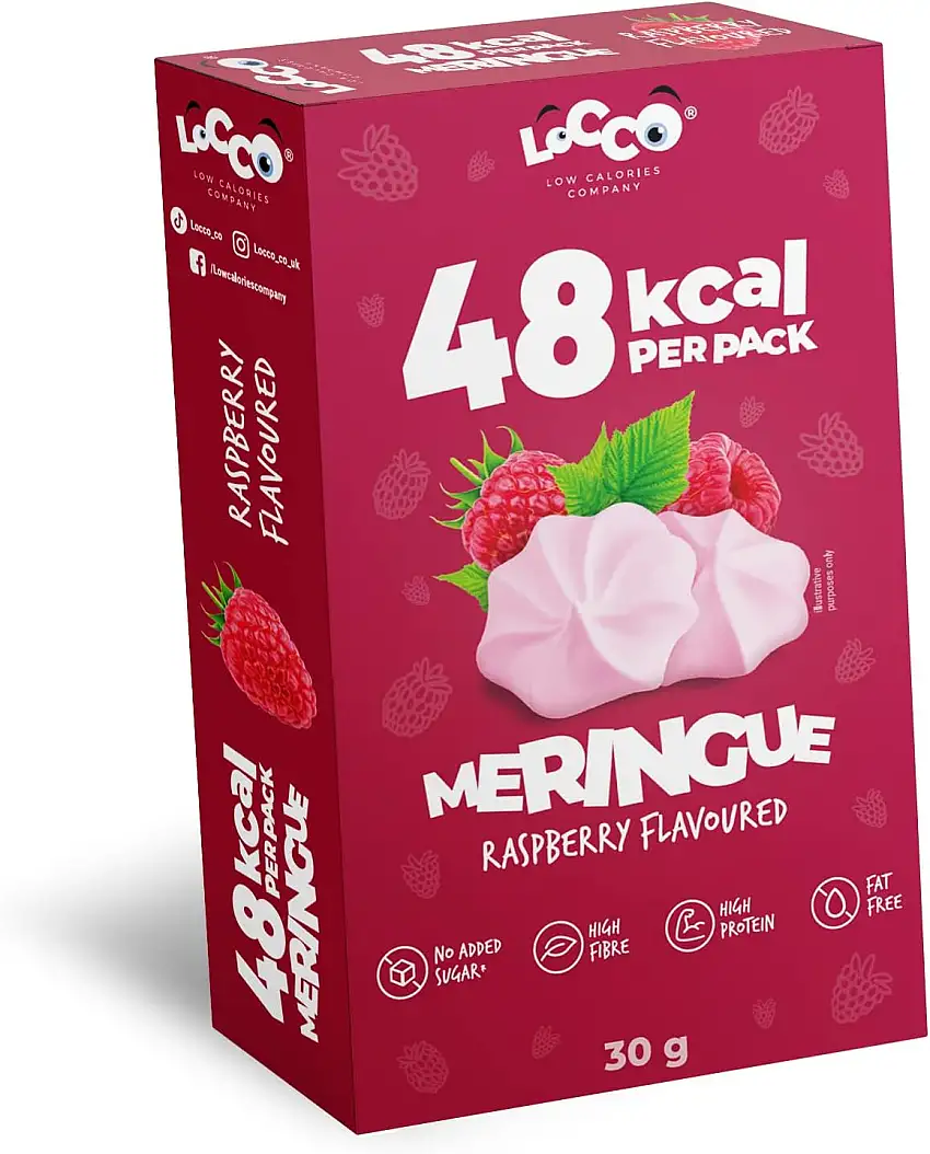 LOCCO Proteinreiche Meringues Nur 1 kcal pro Portion Toll als Kuchendekoration Ohne Zuckerzusatz Fettfrei Ballaststoffreich Veganer Snack Himbeergeschmack