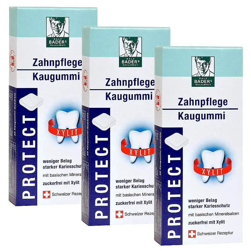 BADERs Gesundheit PROTECT Zahnpflege-Kaugummi aus der Apotheke. Weniger Zahnbelag, weißere Zähne. Zuckerfrei mit 100% Xylit. 3 x 20 Kaugummi-Quadrate