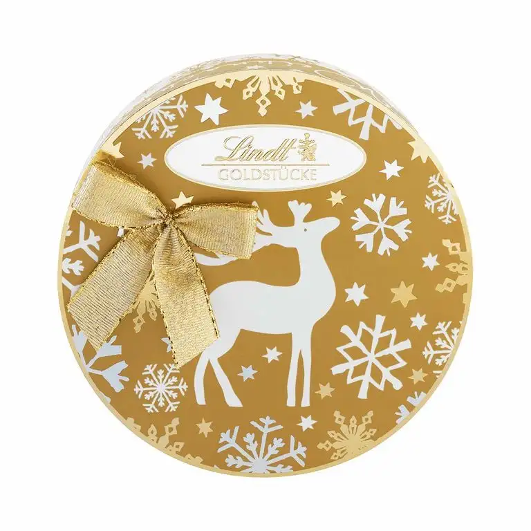 Lindt Goldstücke Rundschachtel, Chocoladen Kugeln in 3 weihnachtlichen Rezepturen: Bratapfel, Walnuss und Zimt & Koriander, (1 x 140 g)