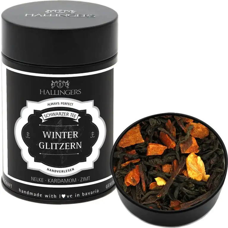 Hallingers Loser Schwarz-Tee mit Nelke, Kardamom & Zimt (140g) - Winterglitzern (Premiumdose) - zu Weihnachten ideal als Geschenk