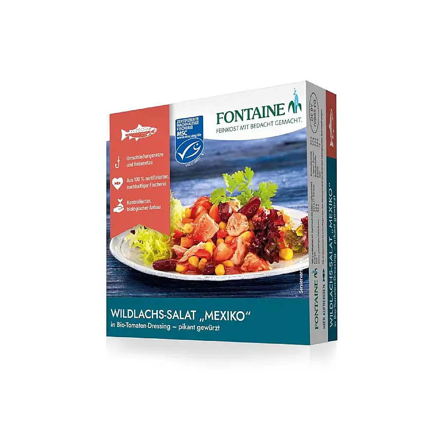 Fontaine - Wildlachs-Salat Mexiko in pikantem Bio-Tomaten-Dressing – 200 g – 5er Pack - Premium Lachsfilets aus 100% zertifizierter, nachhaltiger Fischerei und kontrolliertem Anbau