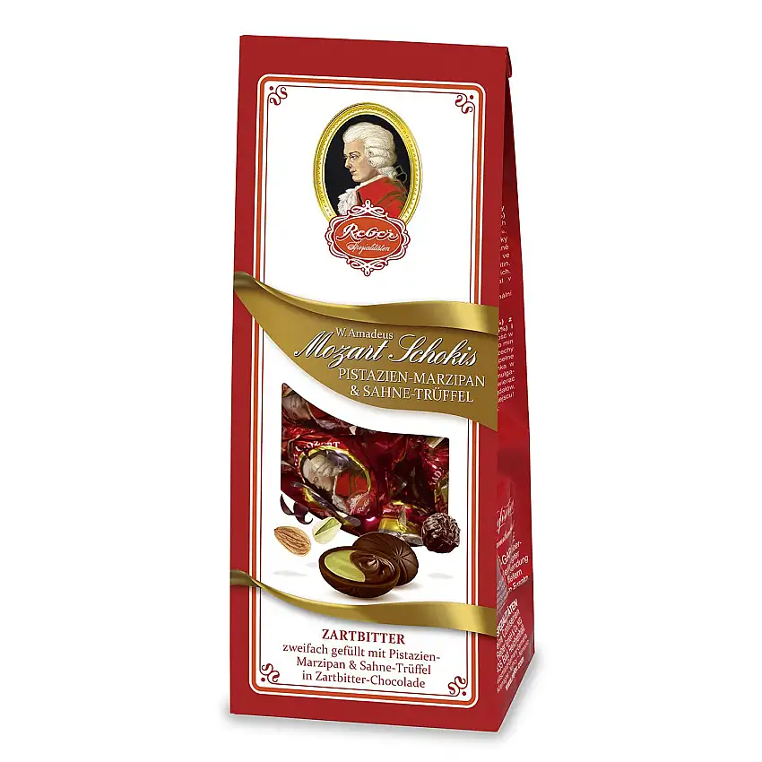 Reber Mozart-Schokis, Mini-Pralinés, Zartbitter-Schokolade, Sahne-Trüffel, Pistazien-Marzipan, Tolles Geschenk, 4 x 100 g