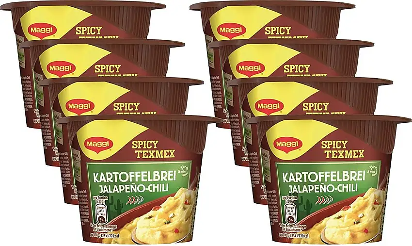Maggi 5 Minuten Terrine Kartoffelbrei Jalapeño Chili, 8er Pack (8 x 42 g)