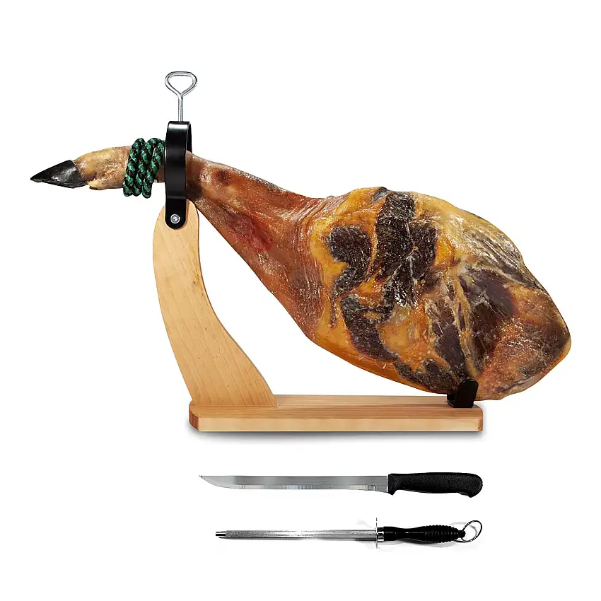 Iberico schinken. Iberische Köderschulter. Gewicht ca. 4 Kg. Heilung von 18 bis 24 Monaten. Inklusive Schinkenhalter und Schinkenmesser. Iberische Cebo-Schulter. Originelle Geschenke. Schinken