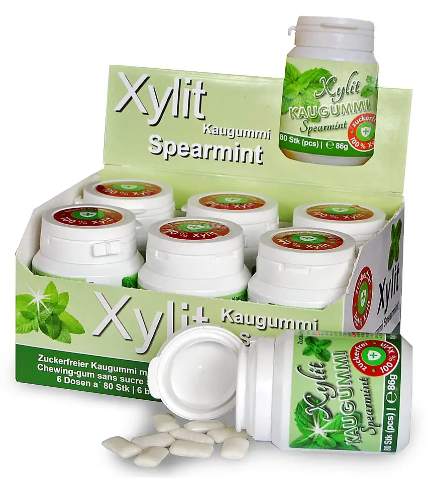 Xylit Kaugummi SPEARMINT | 6 x 80 Stk Dose | BigPack mit 480 Kaugummis | zuckerfrei & vegan