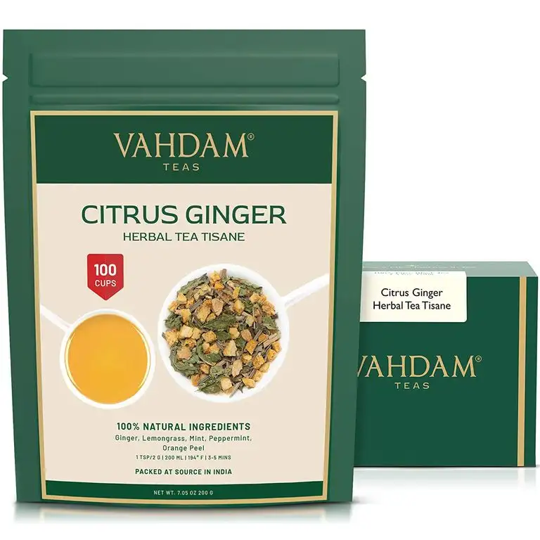 VAHDAM Zitrus Ingwer Kräutertee Tisane (100 Tassen) 100% natürlicher Detox Tee, Ingwer, Zitronengras, Orangenschalen, Minz-Ingwer-Tee Loose Leaf mit köstlichen zitrusartigen Noten, 200gr