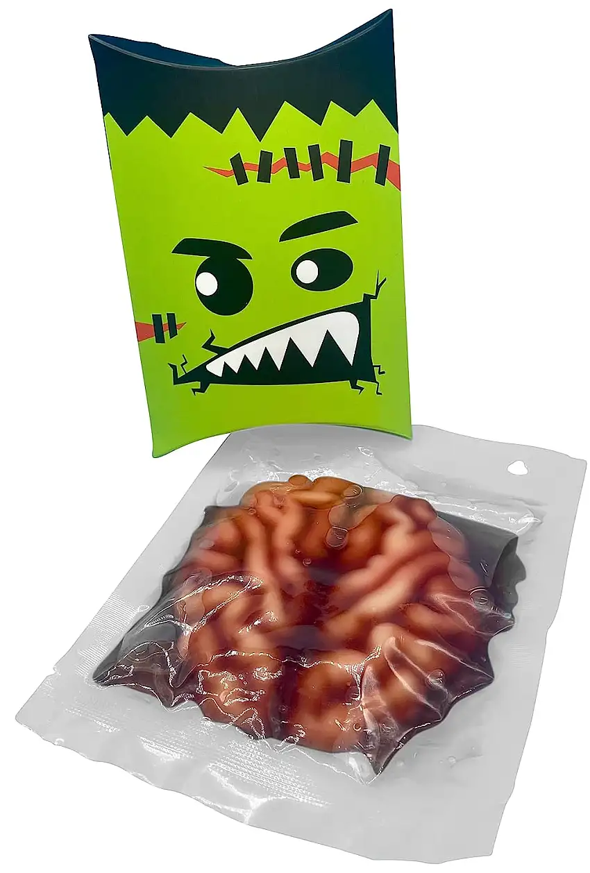 Halloween Set für Kinder-Party | Geschenkverpackung mit Fruchtgummi-Hirn in Zuckersirup 120g | Halloween Dekoration (Frankenstein)