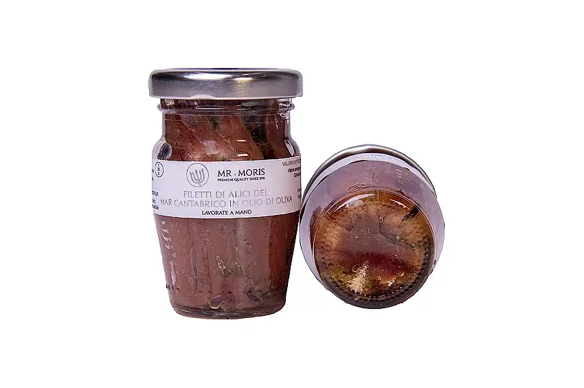 Mr. Moris Sardellenfilets aus dem Kantabrischen Meer in Olivenol Kosher Anchois Handmade (80 Gr)
