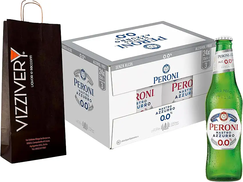 BIRRA PERONI - Peroni Bier – Karton mit 24 Flaschen Peroni-Bier 0,0% alkoholfrei – Mit Vizzivery-Umschlag - 24 Glasflaschen 33 cl