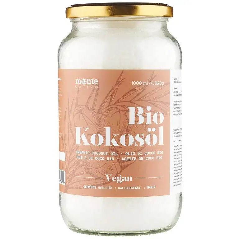 MonteNativo Bio Kokosöl - Bio Kokosfett, Bio Kokosnussöl, Premium, Nativ und Naturrein, 1. Kaltpressung, Rohkostqualität - zum Kochen, Braten und Backen, für Haare und Haut (1 x 1000ml Schraubglas)