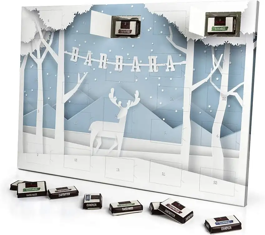 printplanet - Adventskalender mit Namen Barbara - gefüllt mit Schokoladen-Füllung - personalisiert mit Namens-Motiv Papierschnitt - Schoko-Kalender, Weihnachtskalender, Namenskalender