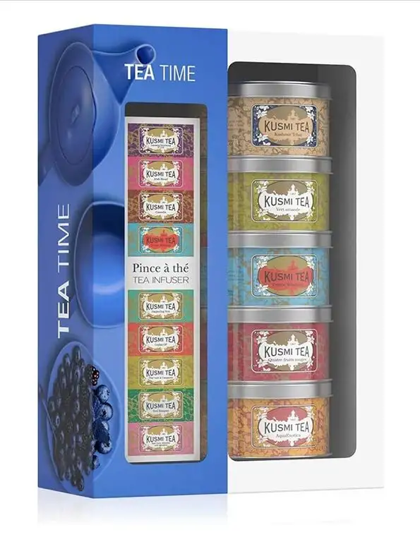 Kusmi Tea Geschenkset Tea Time - 5 Minidosen Aromatee Sortiment + Teezange - Schwarzer Tee, Earl Grey, Grüner Tee und AquaExotica Früchtetee - 5 Metall Teedosen x 25 gr