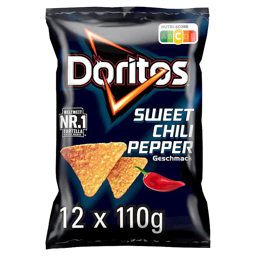 Doritos Sweet Chili Pepper - Tortilla Nachos mit süßem Chili-Geschmack - Herzhafter Snack zum Knabbern aus Mais (12 x 110g) (Verpackungsdesign kann abweichen)