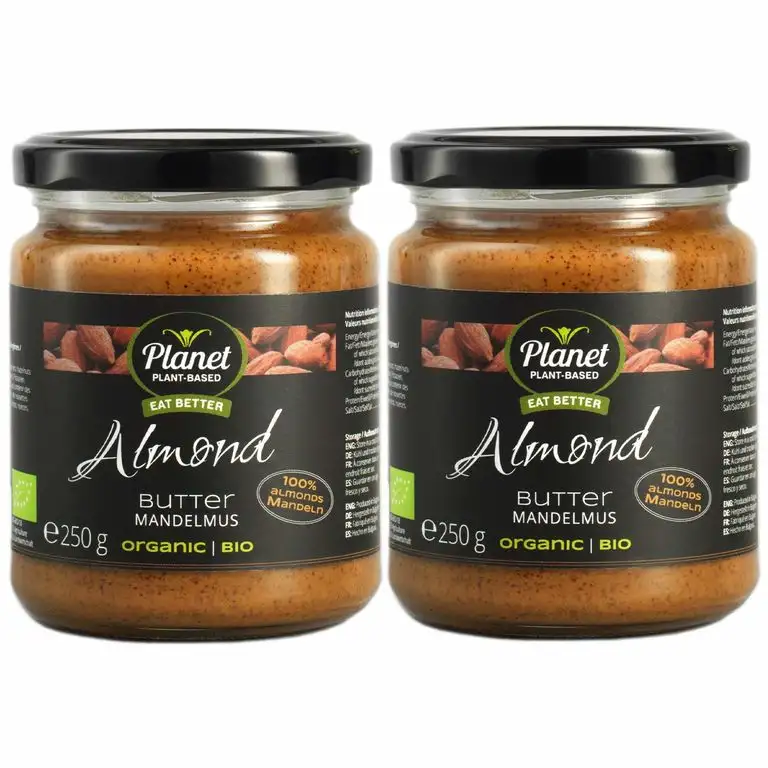 Planet Plant-Based Smooth & Creamy Bio Mandelmus, 2er Pack (2 x 250g) - Mandelcreme Bio, Vegan, 100% Bio-Nüsse, Ohne Zusatzstoffe - Natürliche Und Wunderbar Cremige Mandelbutter