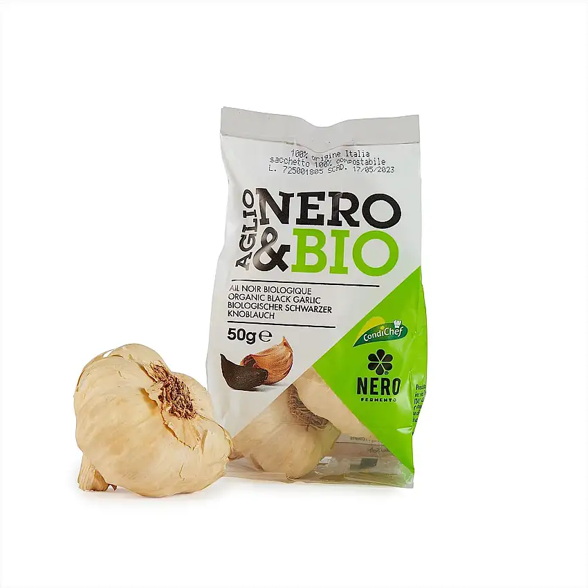 NERO FERMENTO NB Organischer schwarzer Knoblauch, hergestellt mit Knoblauch von Voghiera D.O.P. 50 gr (2 Zwiebeln), Made in Italy, ohne Konservierungsstoffe, ideal roh auf Salaten oder kalten Nudeln