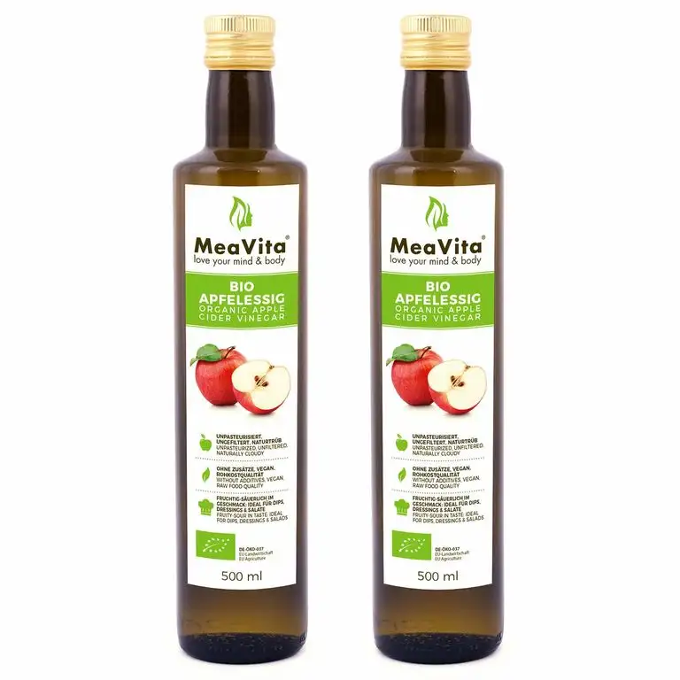 MeaVita Bio Apfelessig, naturtrüb & ungefiltert mit Essigmutter, 2er Pack (2 x 500 ml)