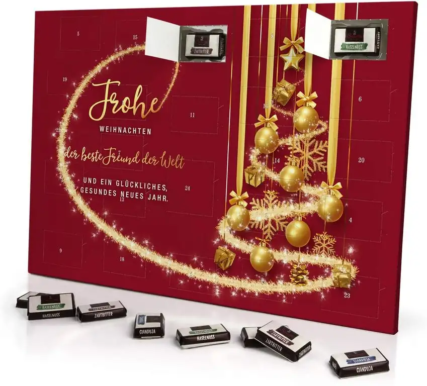 Adventskalender mit Namen Der beste Freund der Welt - gefüllt mit Schokoladen-Füllung - personalisiert mit Namens-Motiv Frohe Weihnachten - Rot - Schoko-Kalender, Weihnachtskalender, Namenskalender