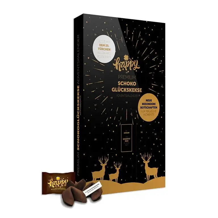 Glückskekse Happy Schoko Glückskeks Adventskalender mit dem 25. Türchen für die Jahresbotschaft. Jetzt NEU mit Sammelalbum.