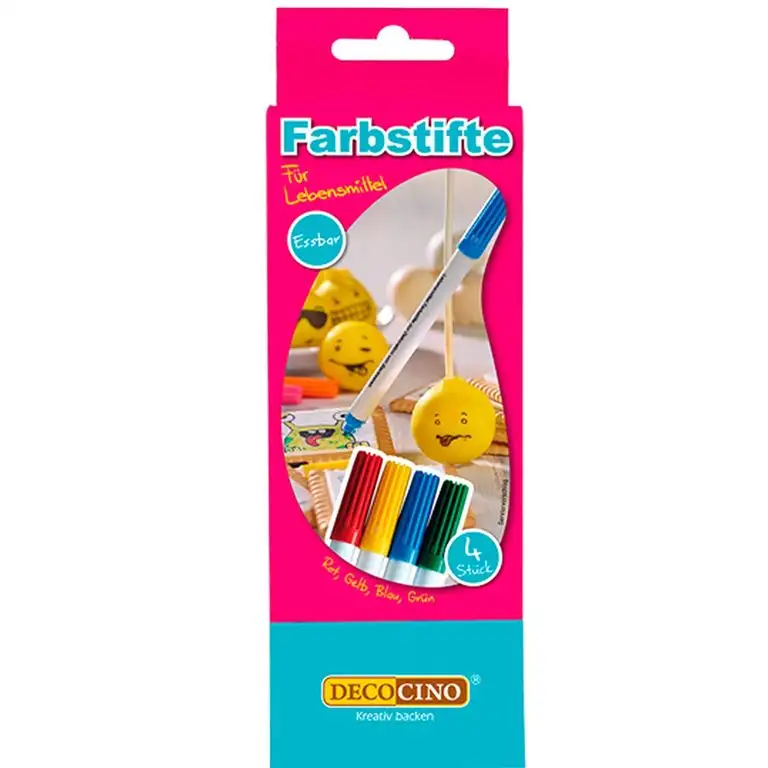 DECOCINO Lebensmittel-Farbstifte – 4er Set – essbare Filzstifte mit Lebensmittel-Farbe – zum Verzieren von Kuchen, Torten uvm. – glutenfrei & laktosefrei