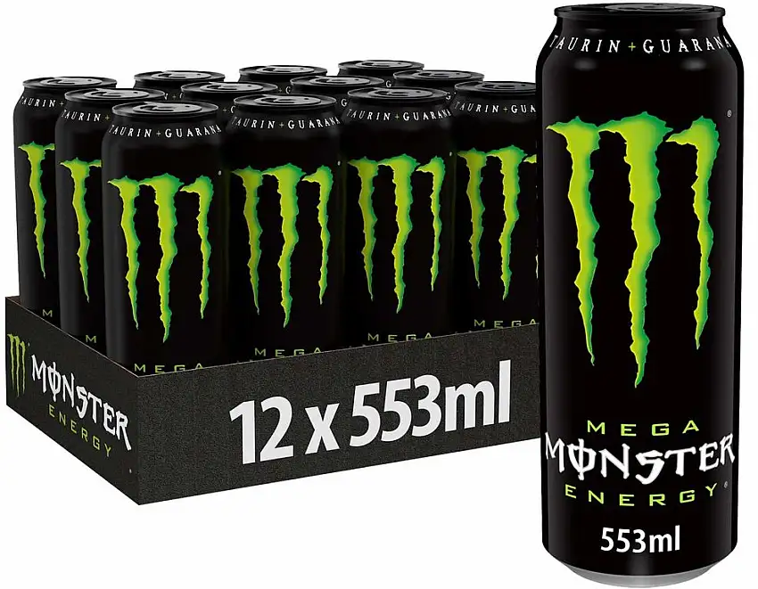 Monster Energy Mega mit klassischem Monster Geschmack - für mehr Energie mit extra viel Inhalt, Energy Drink Palette, wiederverschließbare EINWEG Dose (12 x 553 ml)