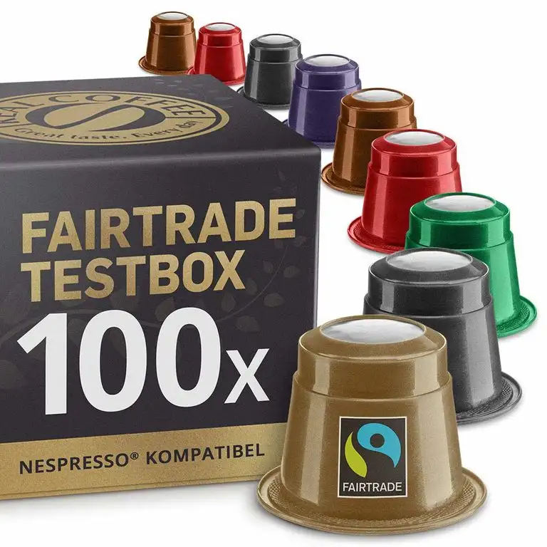 Fairtrade Testbox: 100 Nespresso kompatible Kapseln. Testgewinner.