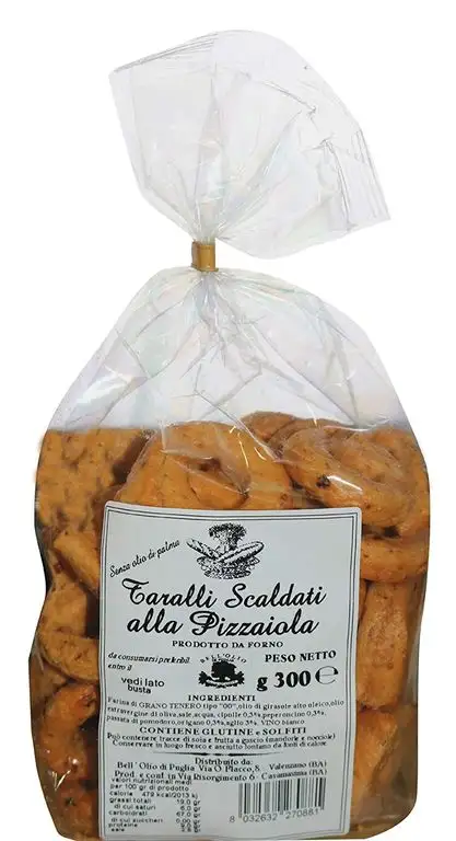 Apulische "Pizzaiola"Taralli |Gebackenes Produkt ideal als salziger Snack | Typisch apulisches handwerkliches Produkt