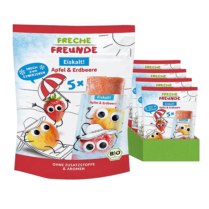 FRECHE FREUNDE Eiskalt! Apfel & Erdbeere, Stangen Eis zum Einfrieren, Fruchtgehalt 80%, ohne Zusatzstoffe & Aromen, glutenfrei & vegan, 7er-Pack, 7 x (5x50g)