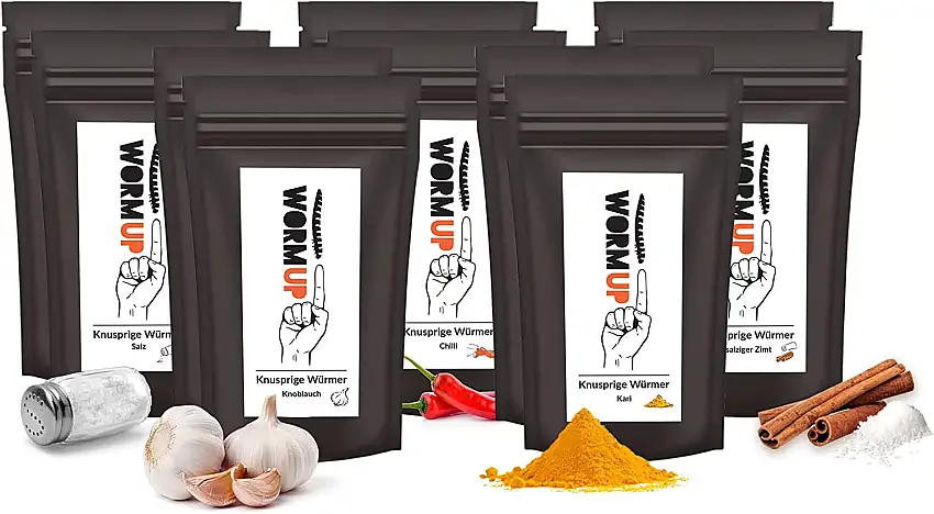 WormUP Knusprige Würmer - Protein mischung Salz, Chilli, Kari, Knoblauch und gesalzenem Zimmt (5er pac, 5 x 20g), essbare Insekten, insect snack