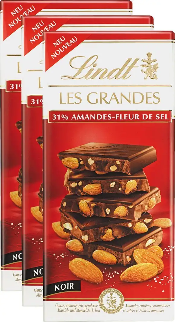 3 x 150g Lindt Les Grandes dunkel Mandel und Meersalz