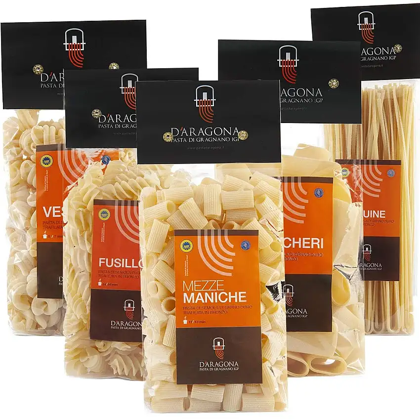 PASTA D'ARAGONA GRAGNANO IGP - PAKET CILENTO Gemischte Formate 5 x 500 GR. Italienische Exzellenz, Pasta Hartweizengrieß Bronze-Schublade (Paccheri, Mezzi Paccheri, Fusillone, Vesuvio, Linguine)